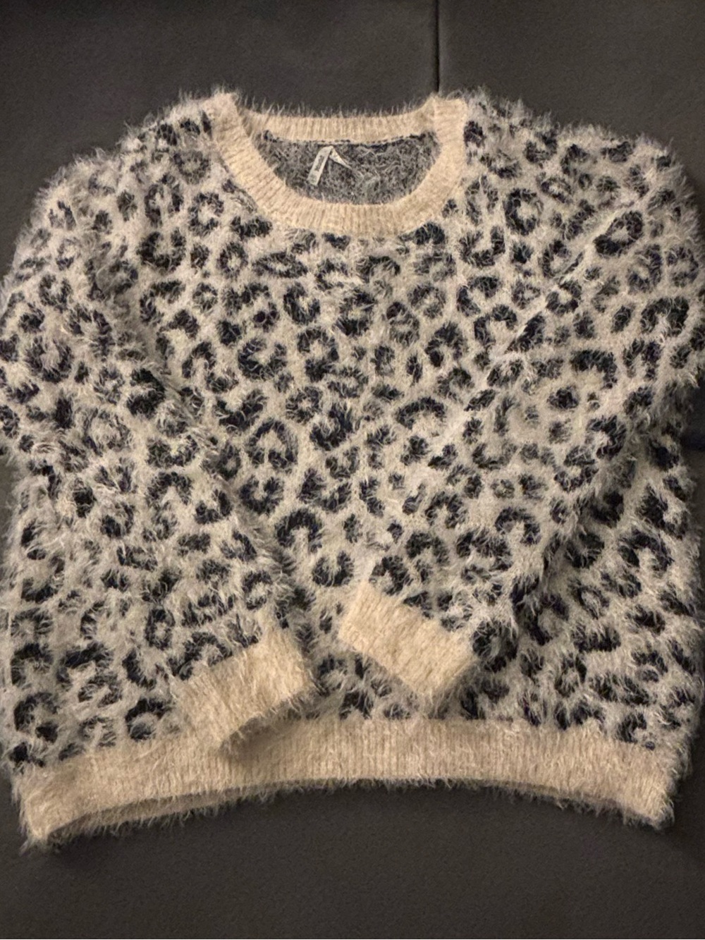 Mudd Fuzzy Leopard Crewneck Sweater - Cream and Black